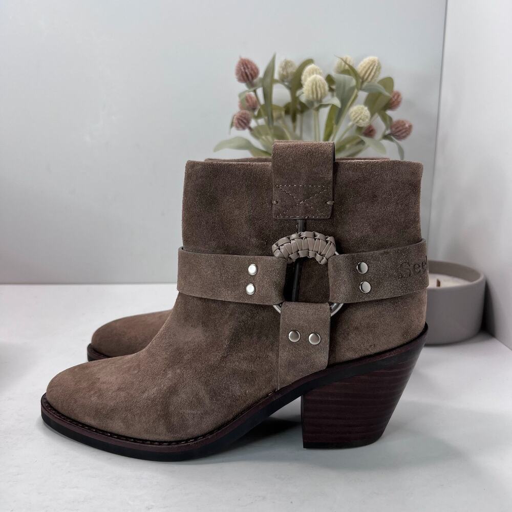 See By Chloe Eddie Ankle Boots Suede Harness Strap Taupe Women's EU 39/8.5 NWOB
